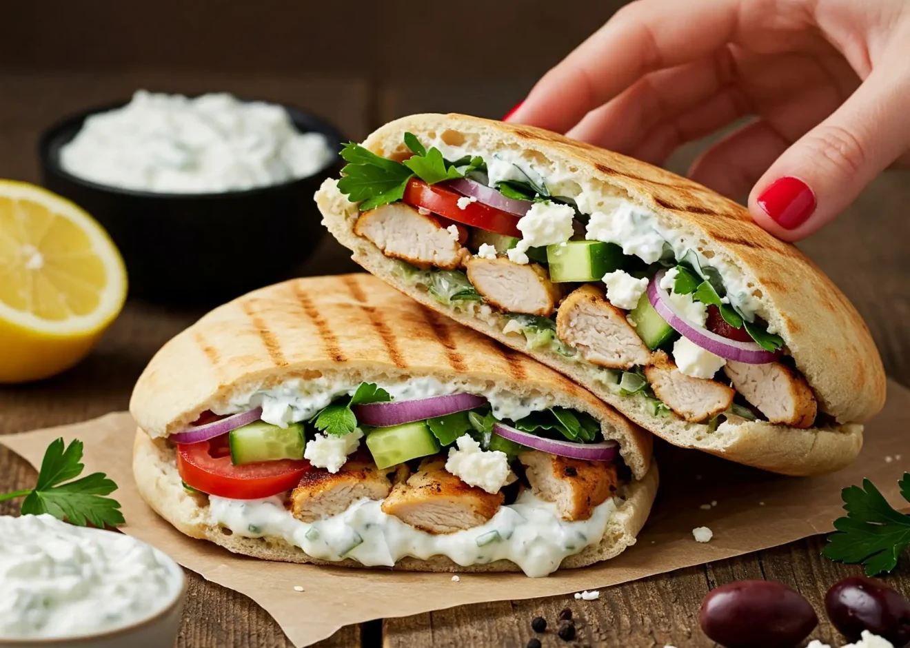 A fresh Mediterranean Chicken Wrap on a rustic wooden table, sliced in half to reveal juicy grilled chicken, diced cucumbers, cherry tomatoes, red onions, crumbled feta cheese, and tzatziki sauce inside warm pita bread. A woman's hand reaches for the wrap, adding an interactive element. Garnished with parsley and sesame seeds, with a side of tzatziki sauce, lemon wedges, and kalamata olives. Soft natural lighting highlights the fresh textures and vibrant Mediterranean flavors.