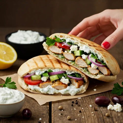 A fresh Mediterranean Chicken Wrap on a rustic wooden table, sliced in half to reveal juicy grilled chicken, diced cucumbers, cherry tomatoes, red onions, crumbled feta cheese, and tzatziki sauce inside warm pita bread. A woman's hand reaches for the wrap, adding an interactive element. Garnished with parsley and sesame seeds, with a side of tzatziki sauce, lemon wedges, and kalamata olives. Soft natural lighting highlights the fresh textures and vibrant Mediterranean flavors.