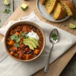 A rustic bowl of vegan chili with sweet potatoes and black beans, topped with avocado, vegan sour cream, and cilantro, served on a wooden table with cornbread.