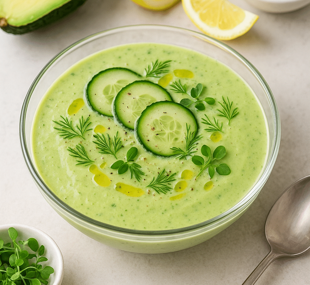 Chilled avocado cucumber soup served in a glass bowl with dill and cucumber garnish