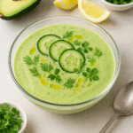 Chilled avocado cucumber soup served in a glass bowl with dill and cucumber garnish