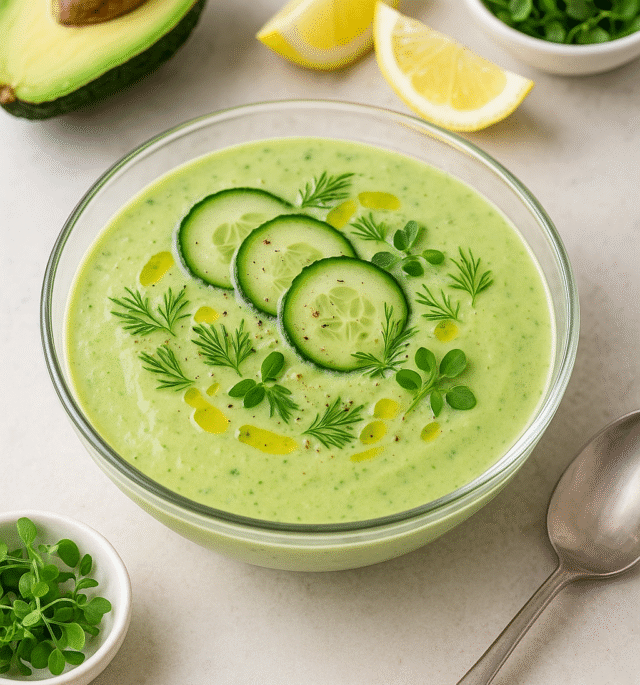 Chilled avocado cucumber soup served in a glass bowl with dill and cucumber garnish