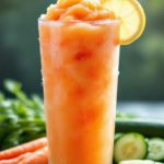Frozen carrot apple cucumber lemon smoothie in a glass with mint garnish