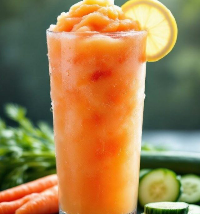 Frozen carrot apple cucumber lemon smoothie in a glass with mint garnish