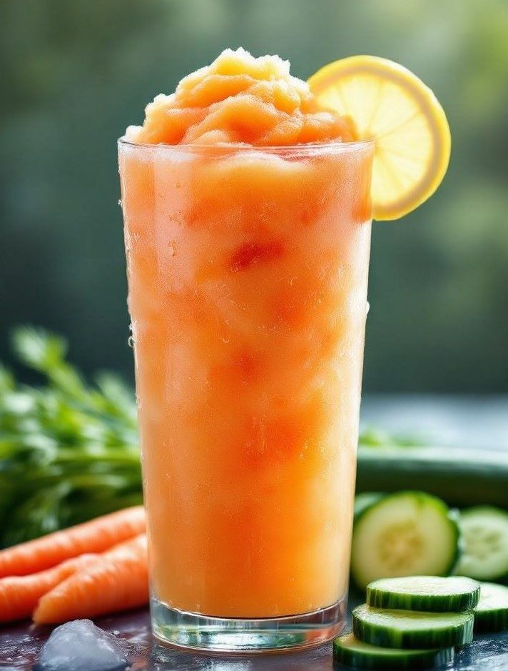 Frozen carrot apple cucumber lemon smoothie in a glass with mint garnish