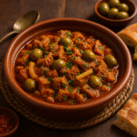 Traditional Moroccan Tkalia tripe stew with olives and preserved lemon served in a clay tagine bowl with fresh parsley garnish.