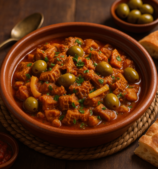 Traditional Moroccan Tkalia tripe stew with olives and preserved lemon served in a clay tagine bowl with fresh parsley garnish.