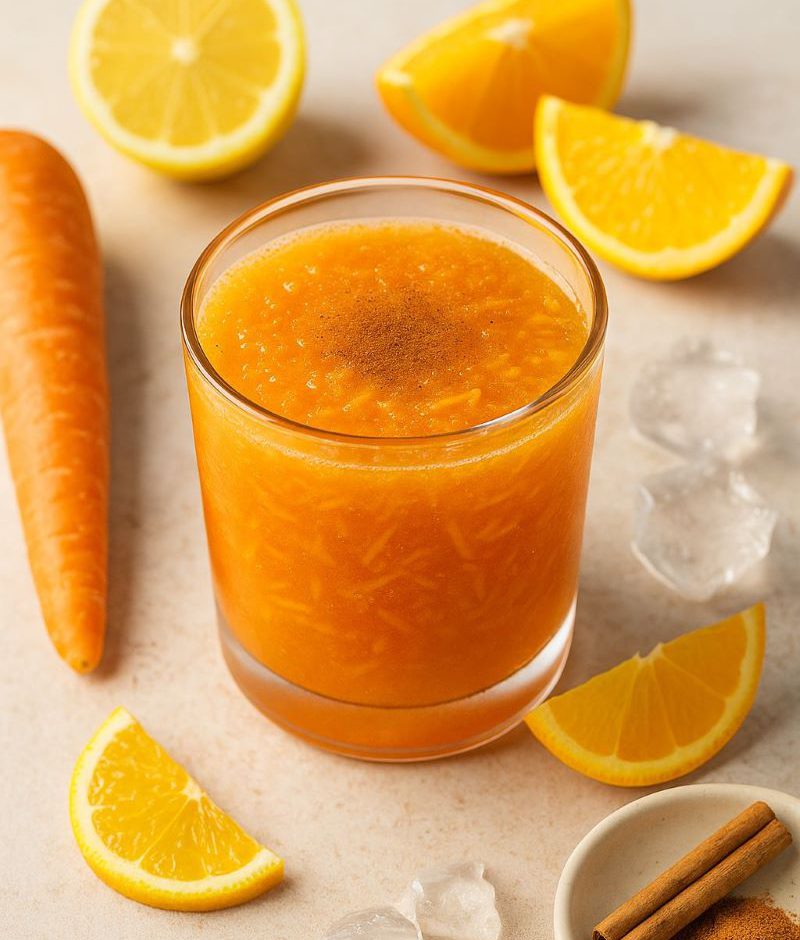 Chilled carrot citrus drink with shredded carrots, lemon and orange slices, ice cubes, and cinnamon in a clear glass.