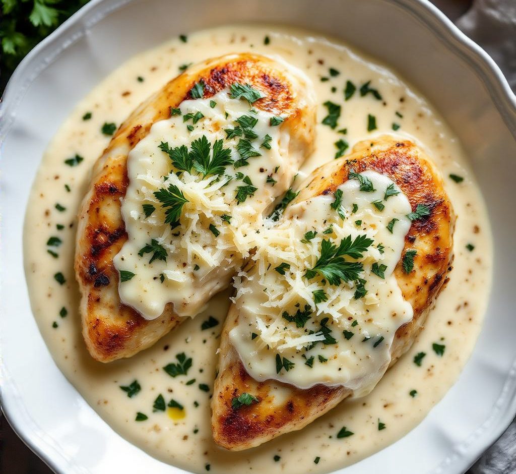 Elegant plated creamy garlic parmesan chicken with thick sauce, parmesan shavings, parsley, and lemon slices on a white ceramic plate.