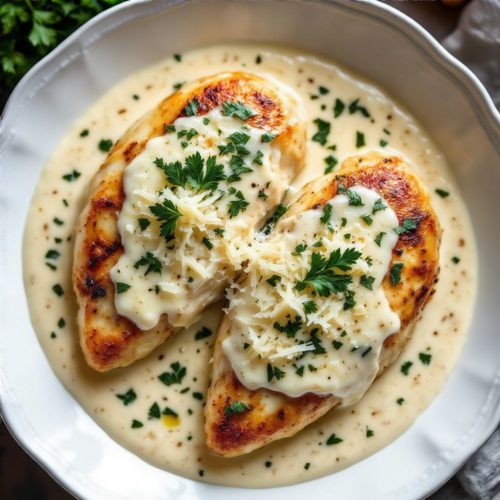 Elegant plated creamy garlic parmesan chicken with thick sauce, parmesan shavings, parsley, and lemon slices on a white ceramic plate.