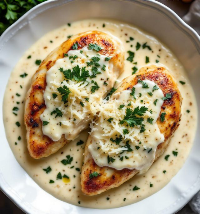 Elegant plated creamy garlic parmesan chicken with thick sauce, parmesan shavings, parsley, and lemon slices on a white ceramic plate.