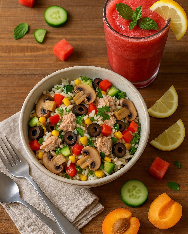 Top-down view of a rustic bowl filled with cold rice salad with tuna, mushrooms, and colorful vegetables, next to a frozen watermelon mint juice in a tall glass on a wooden table.