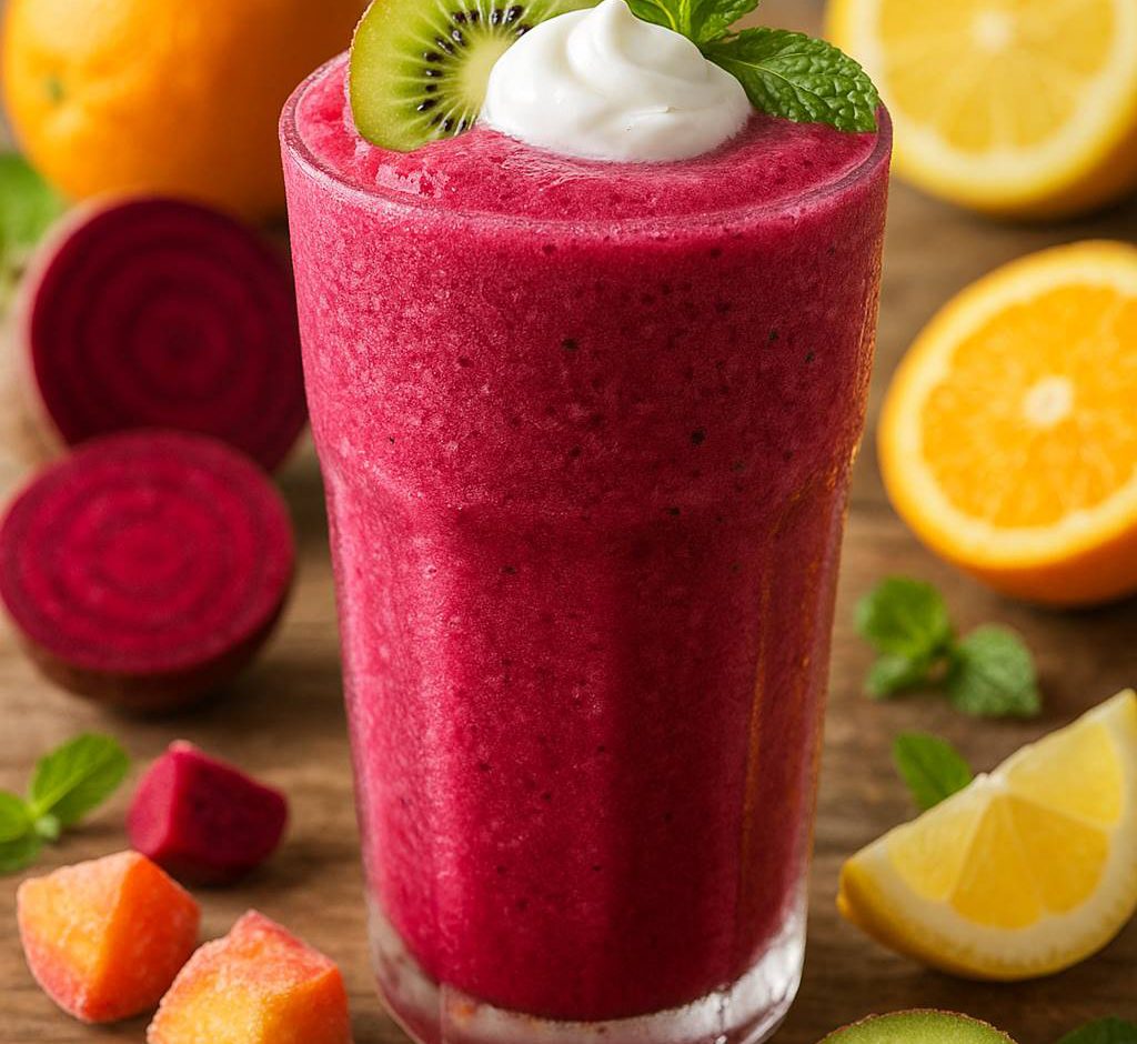 A vibrant frozen beet smoothie with orange, lemon, kiwi, and peach served in a tall frosty glass, topped with kiwi slice and mint on a wooden table.