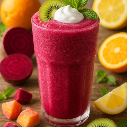 A vibrant frozen beet smoothie with orange, lemon, kiwi, and peach served in a tall frosty glass, topped with kiwi slice and mint on a wooden table.