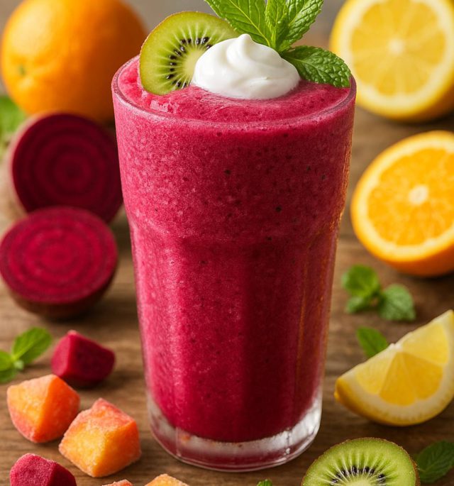 A vibrant frozen beet smoothie with orange, lemon, kiwi, and peach served in a tall frosty glass, topped with kiwi slice and mint on a wooden table.