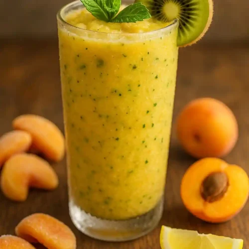 A photorealistic frozen smoothie in a tall glass made with peach, apricot, kiwi, and lemon juice, topped with mint and kiwi slice on a rustic table