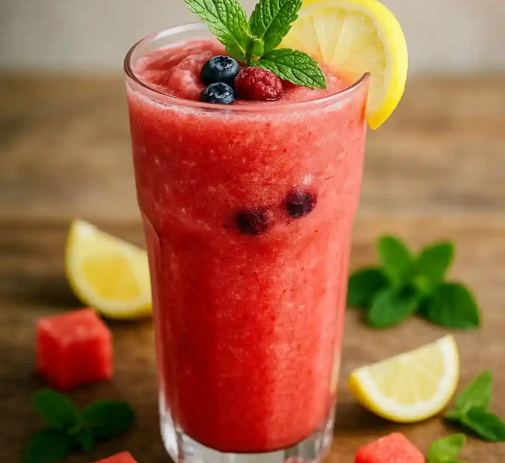 A photorealistic frozen watermelon smoothie in a clear glass, garnished with mint, lemon, and frozen berries on a rustic table