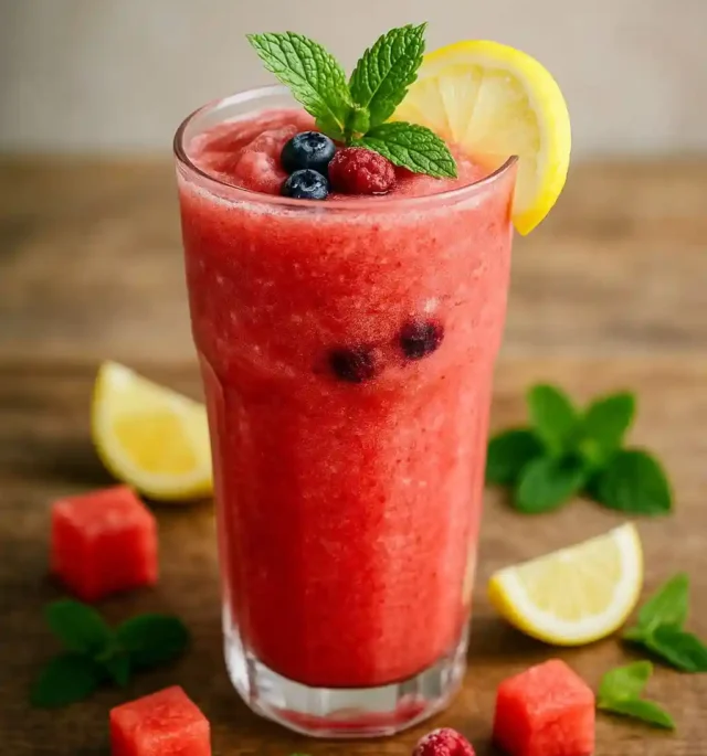 A photorealistic frozen watermelon smoothie in a clear glass, garnished with mint, lemon, and frozen berries on a rustic table