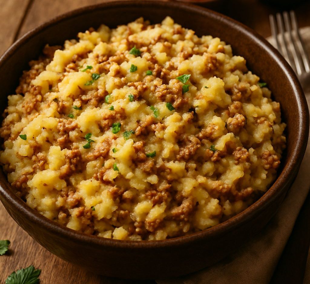 Mashed potatoes blended with spiced ground beef – creamy and savory, served in a rustic ceramic bowl.