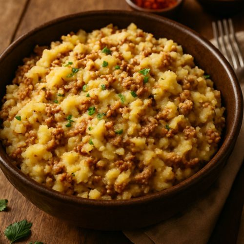 Mashed potatoes blended with spiced ground beef – creamy and savory, served in a rustic ceramic bowl.