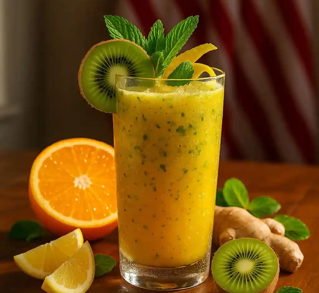 Trump Thunder Blast – a vibrant citrus energy drink with kiwi, mint, and ginger in a tall glass, on an American-style table with a US flag in the background.