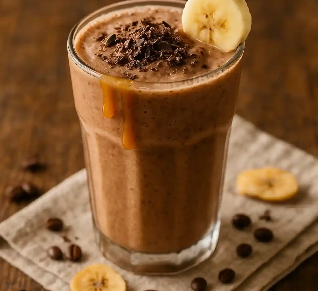 A tall glass of frozen mocha banana smoothie topped with caramel drizzle and chocolate shavings healthy iced coffee smoothie