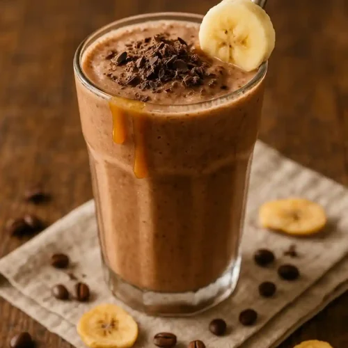 A tall glass of frozen mocha banana smoothie topped with caramel drizzle and chocolate shavings healthy iced coffee smoothie