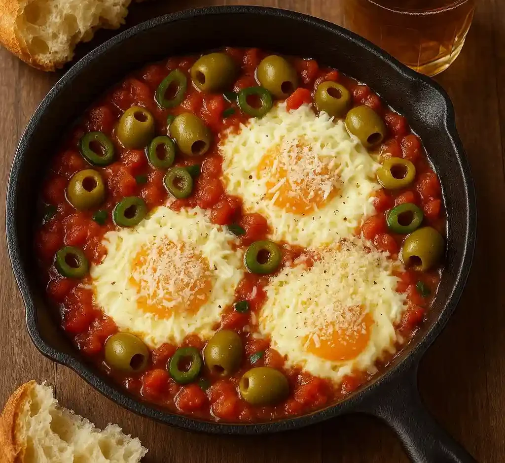 Spicy tomato and egg skillet with melted mozzarella and Parmesan, green olives, crusty bread, and Moroccan mint tea on a rustic table.