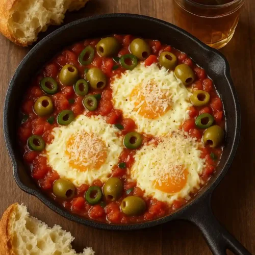 Spicy tomato and egg skillet with melted mozzarella and Parmesan, green olives, crusty bread, and Moroccan mint tea on a rustic table.
