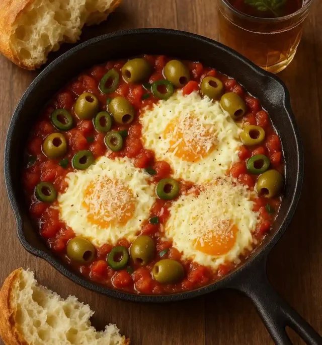 Spicy tomato and egg skillet with melted mozzarella and Parmesan, green olives, crusty bread, and Moroccan mint tea on a rustic table.