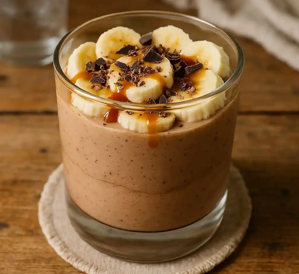 Close-up of Choco-Coffee Banana Yogurt Bliss served in a clear glass with frozen banana chunks, cocoa dust, and caramel drizzle on a summer table