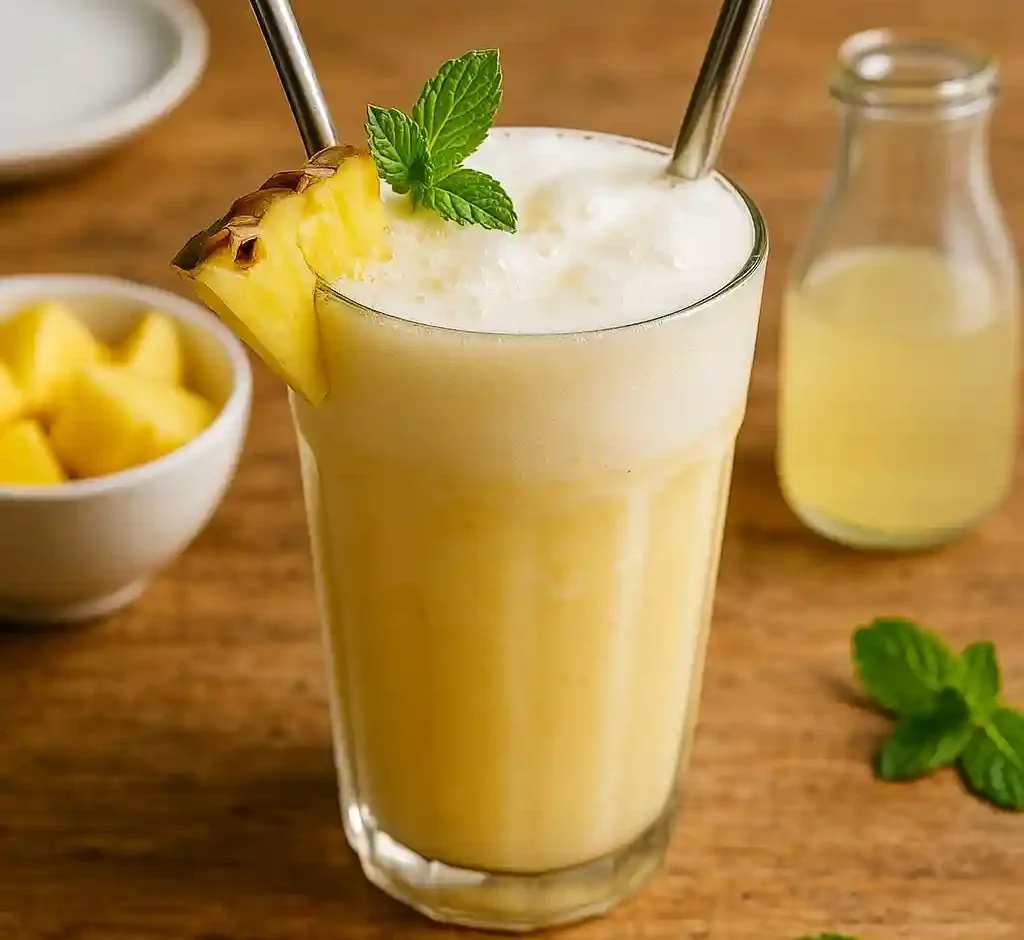 Frozen Pineapple Coconut Cream Float in tall glasses with pineapple wedges and fresh mint on a summer table