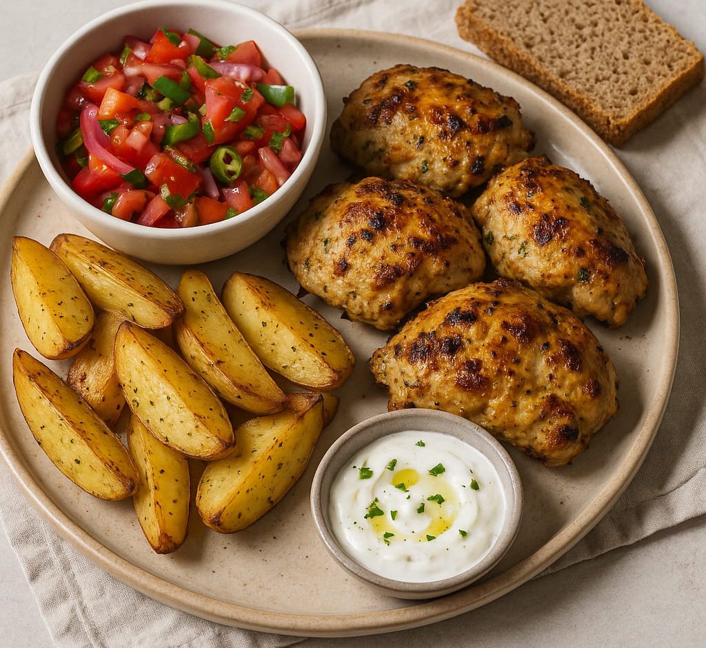 Healthy yogurt marinated chicken with roasted potatoes and fresh tomato salad