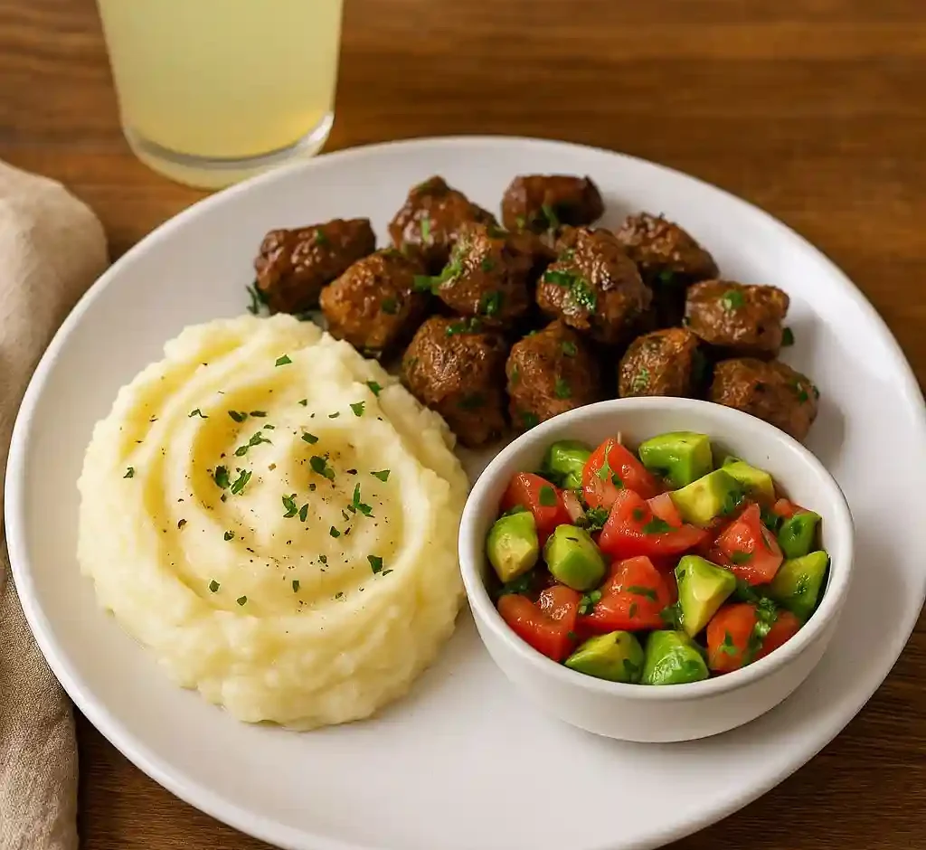 Herbed beef bites with creamy mashed potatoes, avocado tomato salad, and chilled lemon drink on a white ceramic plate