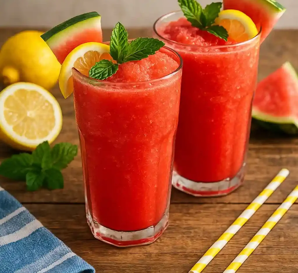 Two glasses of icy watermelon lemonade slush with mint and lemon slices on a rustic wooden table in summer daylight
