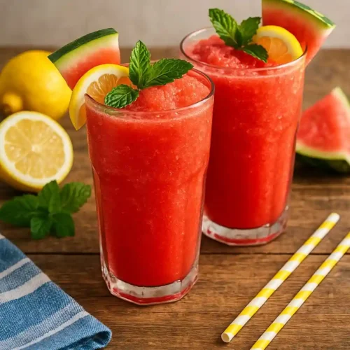 Two glasses of icy watermelon lemonade slush with mint and lemon slices on a rustic wooden table in summer daylight