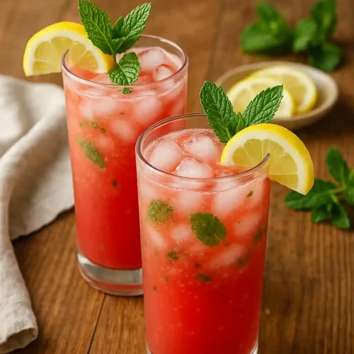 Two tall glasses of Minty Watermelon Sparkle with fresh mint and lemon on a wooden summer table