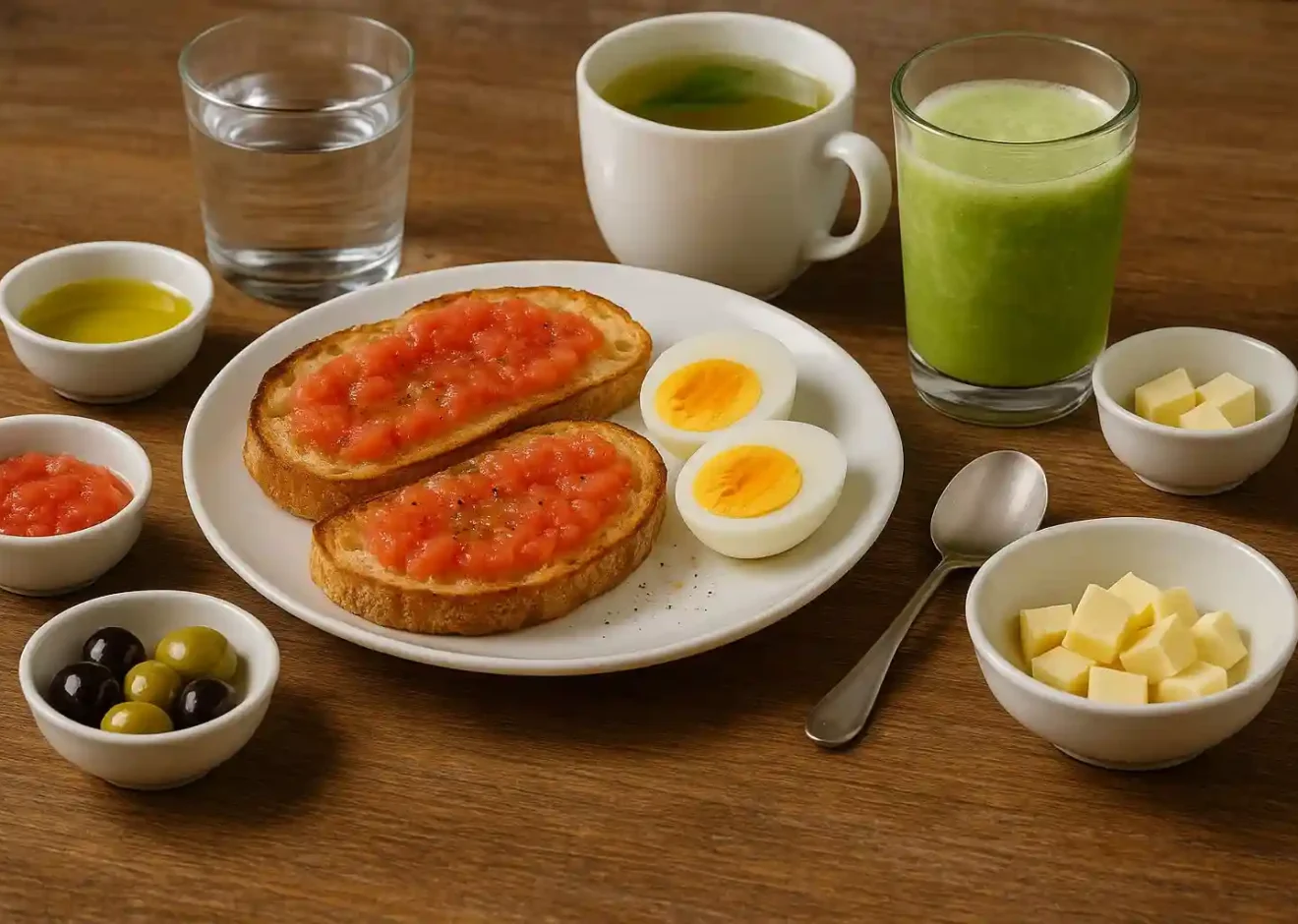 Spanish healthy breakfast plate with pan con tomate toast, boiled eggs, cucumber–orange–lemon juice, olives, cheese, olive oil, and mint tea on a rustic table.