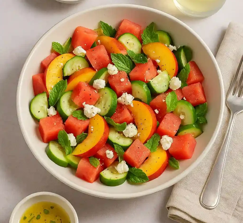 Watermelon peach salad with feta and mint served in a white bowl on a wooden table with cucumber slices and lemon dressing on the side