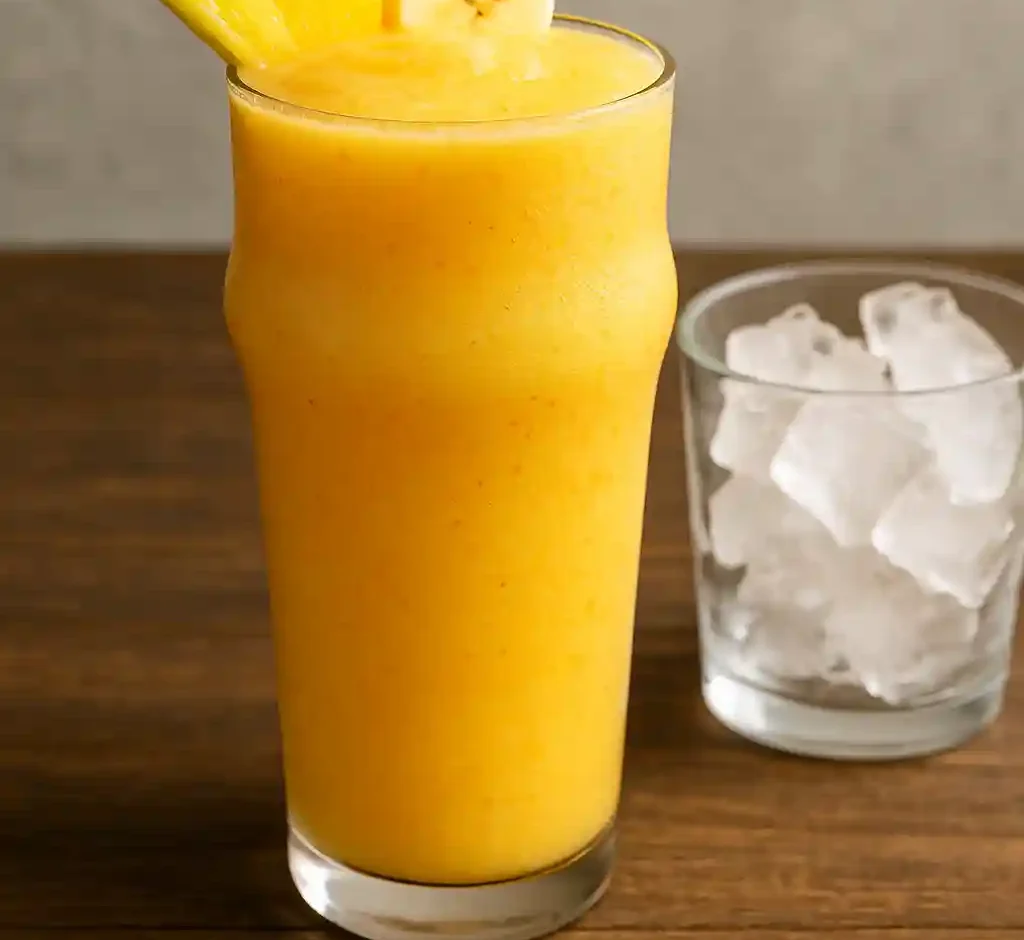 Frozen sunshine smoothie in tall glass with pineapple, mango and banana, garnished with citrus slice