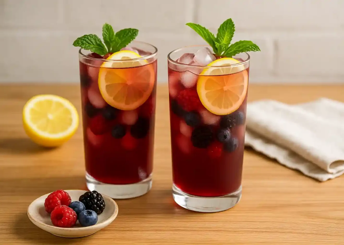 Berry Breeze Mocktail with red berries, lemon slices, and fresh mint served over ice on an American-style dining table