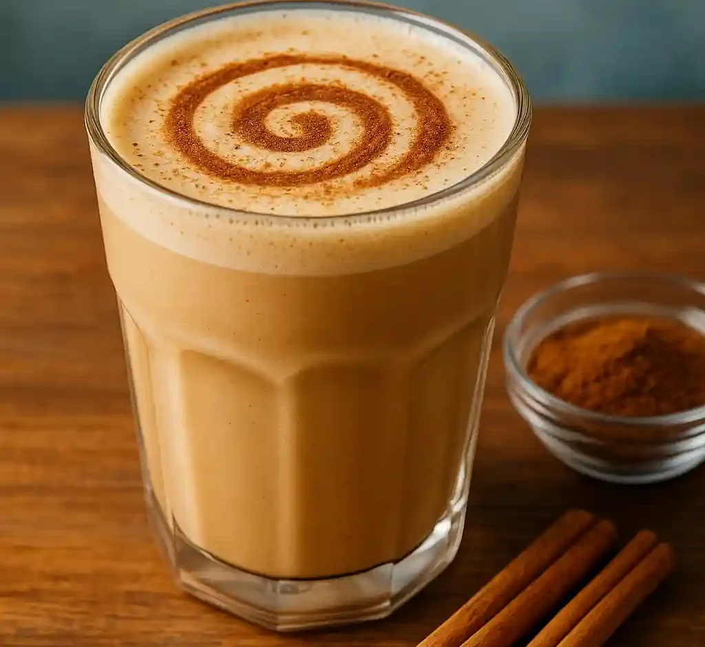 Cinnamon swirl latte served in a clear glass with cinnamon dusting and rustic table