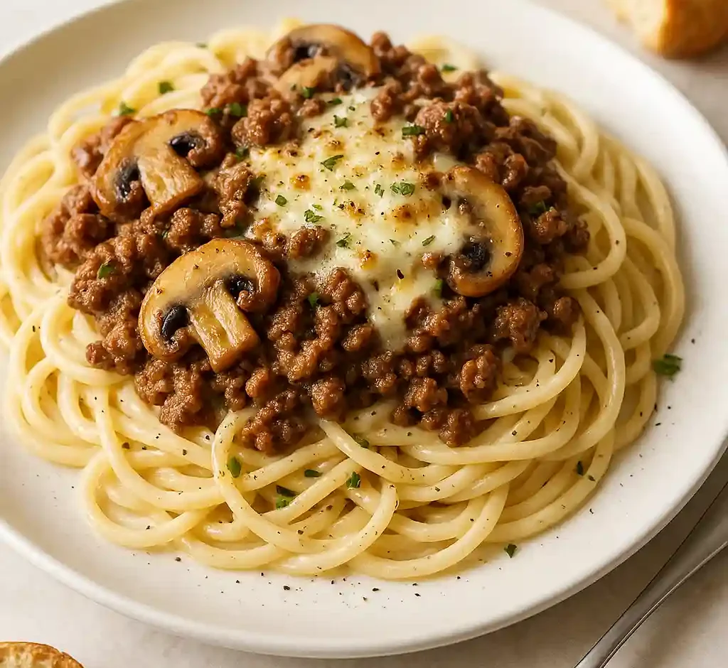 Creamy mushroom and minced beef pasta recipe with sautéed mushrooms, browned beef, and melted cheese on a white plate.