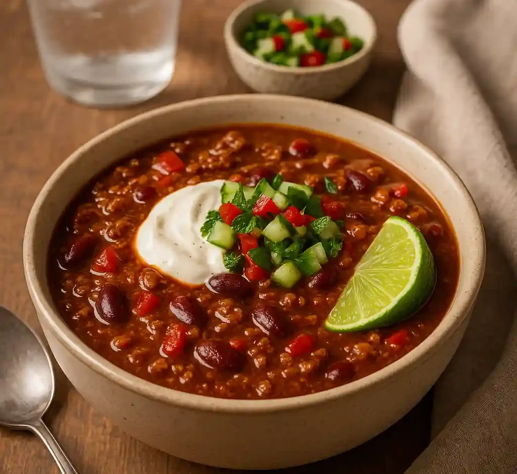 Bowl of Fire and Ice Chili on a wooden table with spoon, napkin and water glass