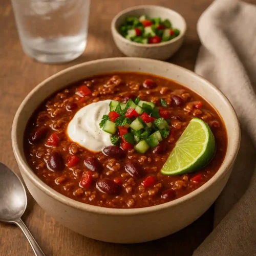 Bowl of Fire and Ice Chili on a wooden table with spoon, napkin and water glass
