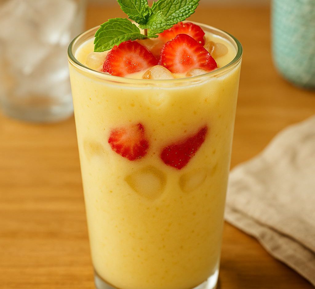 Mango Coconut Chill in tall glasses with frozen strawberry slices and ice, garnished with mint on a summer table