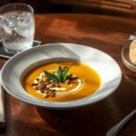 Creamy butternut squash soup garnished with sage, coconut cream, and pumpkin seeds on a wooden dining table with iced water.