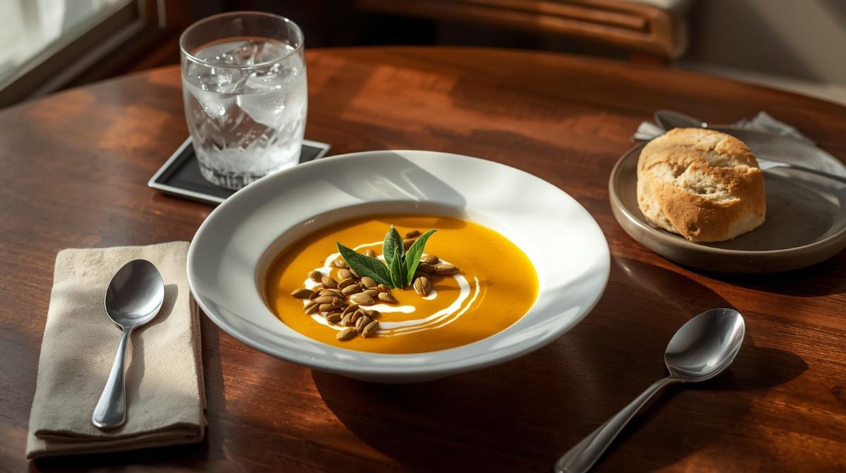 Creamy butternut squash soup garnished with sage, coconut cream, and pumpkin seeds on a wooden dining table with iced water.