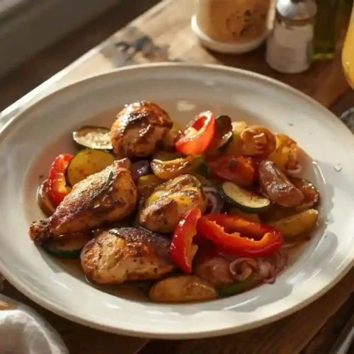 Roasted Mediterranean chicken with zucchini, bell peppers, onion, and potatoes served on a sheet pan with lemon and herbs.
