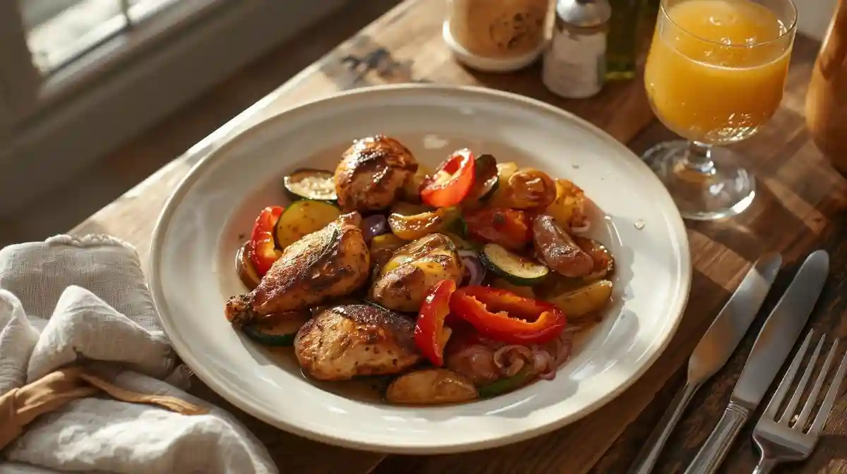 Roasted Mediterranean chicken with zucchini, bell peppers, onion, and potatoes served on a sheet pan with lemon and herbs.